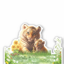 Leuke Tijger Moeder & Baby Bloemen Waterverf Custo Sticker