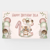 Leuke Tijger Roze Meisje Safari 1e Verjaardag Bann Spandoek (Horizontaal)