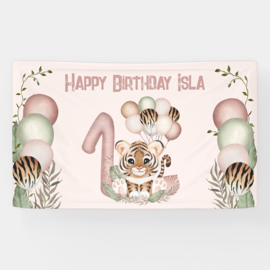 Leuke Tijger Roze Meisje Safari 1e Verjaardag Bann Spandoek (Horizontaal)
