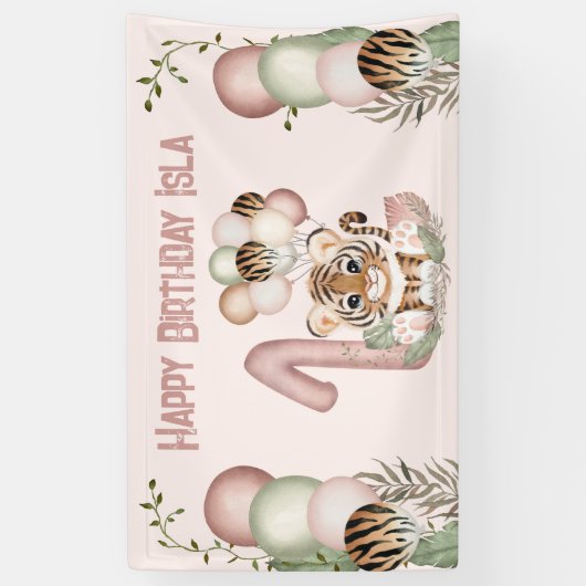 Leuke Tijger Roze Meisje Safari 1e Verjaardag Bann Spandoek (Verticaal)