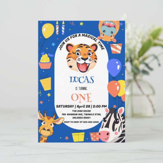 Leuke tijger Zebra Hippo safari dierentuin Wild Bi Save The Date (Staand voorkant)