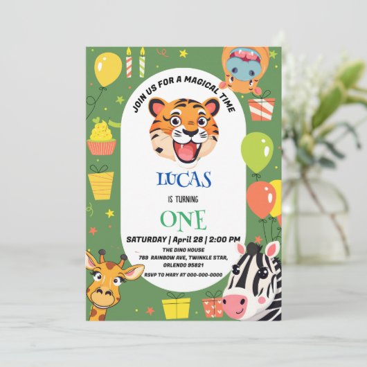 Leuke tijger Zebra Hippo safari dierentuin Wild Bi Save The Date (Staand voorkant)