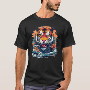 Leuke tijgerkat met zeegolven in Japanse stijl T-shirt