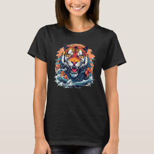 Leuke tijgerkat met zeegolven in Japanse stijl T-shirt