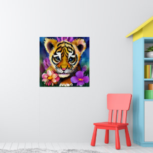 Leuke tijgerwelp omringd door bloemen poster