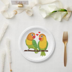 Leuke Tortelduifjes Geel en Groen Lovebirds Bruilo Papieren Bordje