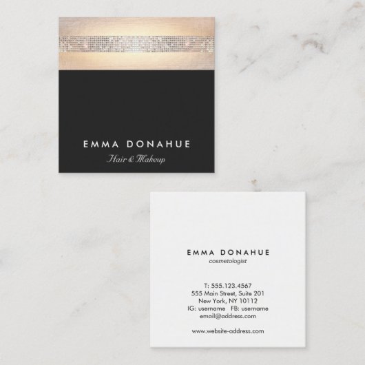 Leuke Trendy Sequin en Gouden Strepen Zwart Vierka Vierkante Visitekaartje (Voorkant / Achterkant)