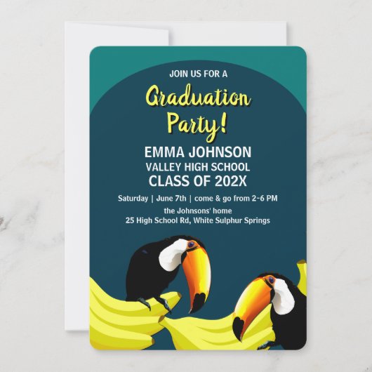 Leuke Tropische Blauwgroen Bananen Toucans Afstude Kaart (Voorkant)
