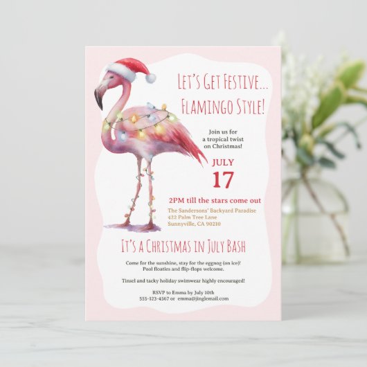 Leuke tropische flamingo kerst in juli feest kaart (Staand voorkant)