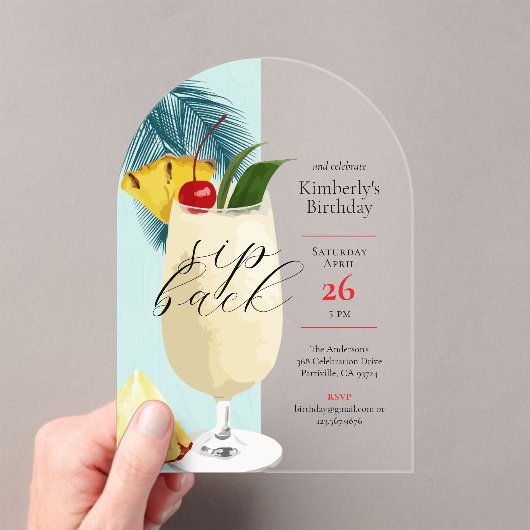 Leuke Tropische Pina Colada Cocktail Verjaardagsfe Acryl Uitnodigingen (Insitu (Draagbaar))