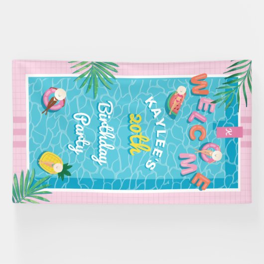 Leuke Tropische Roze Zwembad Verjaardagsfeest Welk Spandoek (Horizontaal)