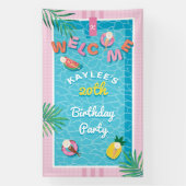 Leuke Tropische Roze Zwembad Verjaardagsfeest Welk Spandoek (Verticaal)