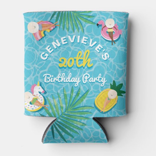 Leuke tropische zomer zwembad drijft verjaardagsfe blikjeskoeler (Voorkant)