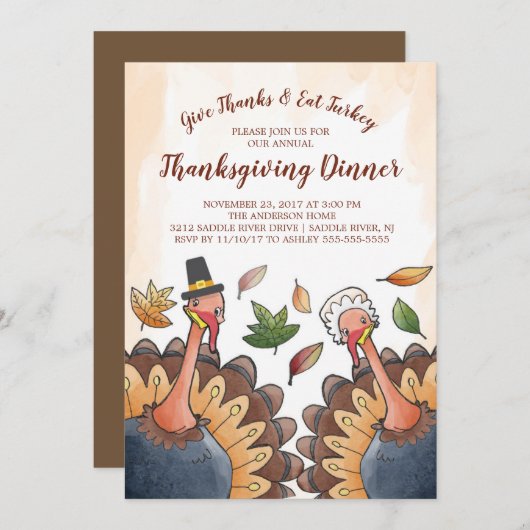 Leuke Turkije Paar Thanksgiving Diner Invitation Kaart (Voorkant / Achterkant)