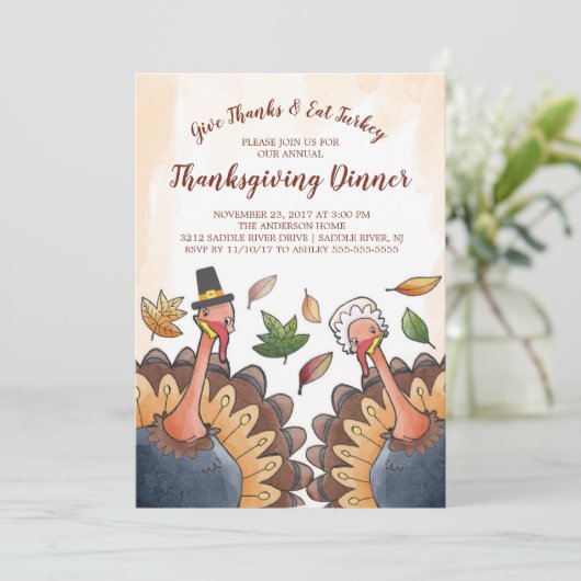 Leuke Turkije Paar Thanksgiving Diner Invitation Kaart (Staand voorkant)