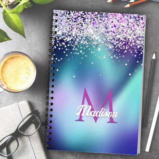 Leuke turquoise aqua nepschitterende monogram notitieboek