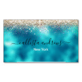 Leuke turquoise gouden faux glitter magnetisch visitekaartje (Voorkant)