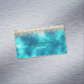 Leuke turquoise gouden faux glitter magnetisch visitekaartje (Voorbeeld)