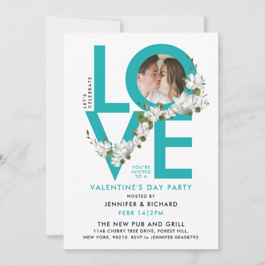 Leuke Turquoise Liefde Viering Script Foto Bloemig Kaart (Voorkant)