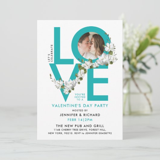 Leuke Turquoise Liefde Viering Script Foto Bloemig Kaart (Staand voorkant)