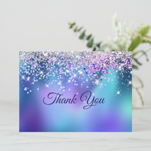 Leuke turquoise paarse nepschittertjes bedankkaart (Staand voorkant)