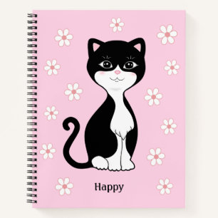 Leuke Tuxedo Kat & Bloemen op Lichtroze Notitieboek