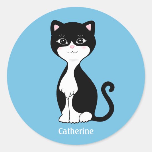 Leuke Tuxedo Kat Cartoon op Lichtblauw Ronde Sticker (Voorkant)