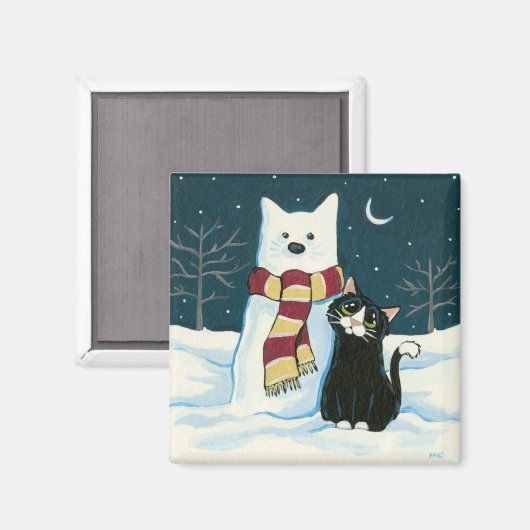Leuke Tuxedo Kat en Sneeuwman Schilderij Magnet (Voorkant / Achterkant)
