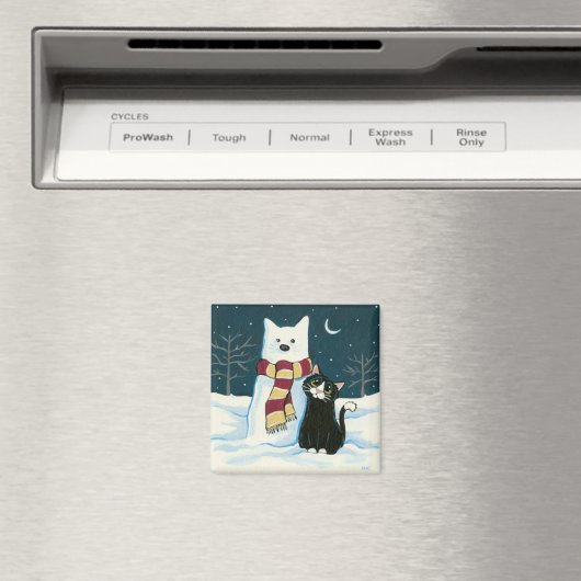 Leuke Tuxedo Kat en Sneeuwman Schilderij Magnet (Insitu (Vaatwasser))