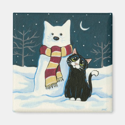 Leuke Tuxedo Kat en Sneeuwman Schilderij Magnet (Voorkant)