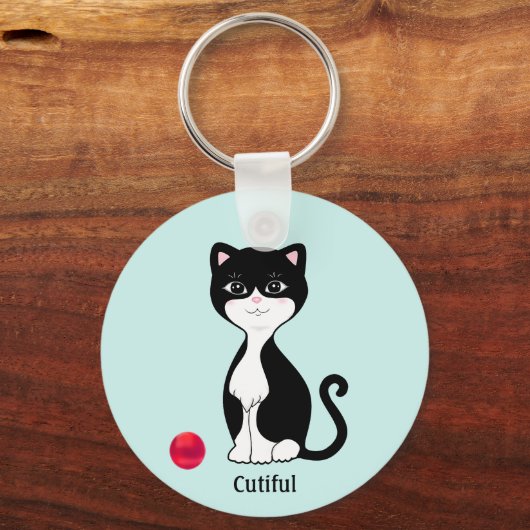 Leuke Tuxedo Kat op Lichtblauw Sleutelhanger (Voorkant)