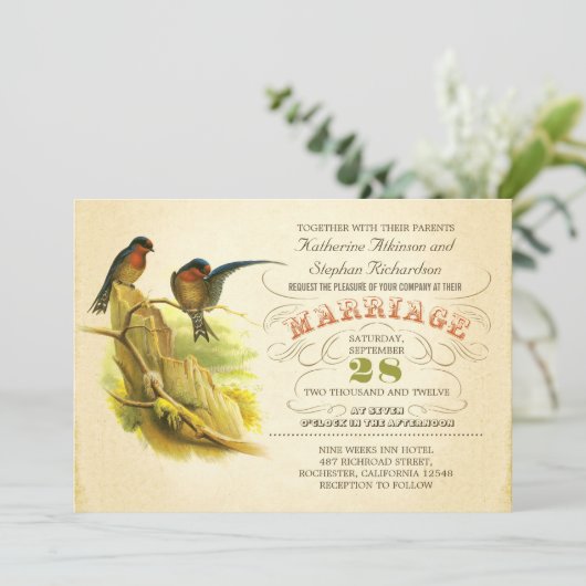 Leuke twee vogels vintage bruiloft uitnodiging (Staand voorkant)