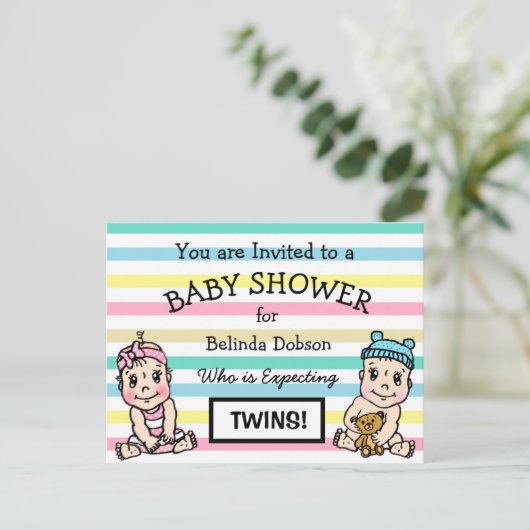 Leuke tweeling baby douche uitnodigingen (Staand voorkant)