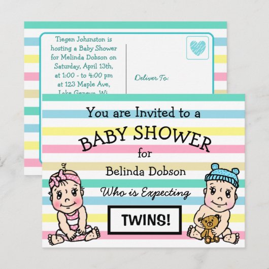 Leuke tweeling baby douche uitnodigingen (Voorkant / Achterkant)