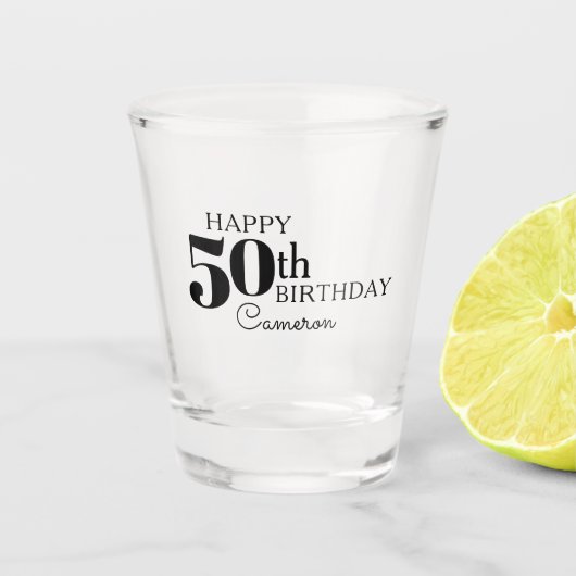 Leuke typografie Happy 50th Birthday met naam Shot Glas (Voorkant)
