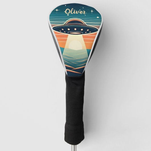 Leuke  UFO bij zonsondergang gepersonaliseerd Golfheadcover (Voorkant)
