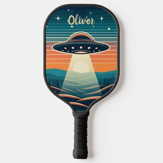 Leuke UFO bij zonsondergang gepersonaliseerd Pickleball Paddle (Achterkant)