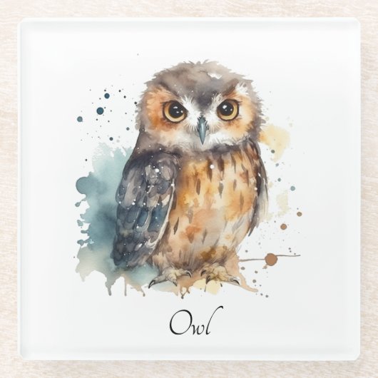 Leuke uil in de waterverf glazen onderzetter (Voorkant)