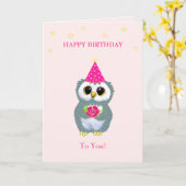 Leuke Uil met Bloem & Verjaardagswensen op Roze Kaart (Gele Bloem)