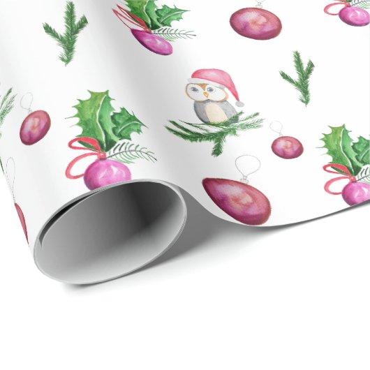 Leuke Uil Santa Met Kerstmis Ballen en takken Cadeaupapier (Rol Hoek)