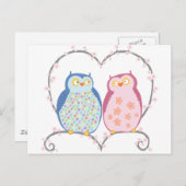 Leuke Uilen in Liefde Hart Roze Blauw Clipart Briefkaart (Voorkant / Achterkant)
