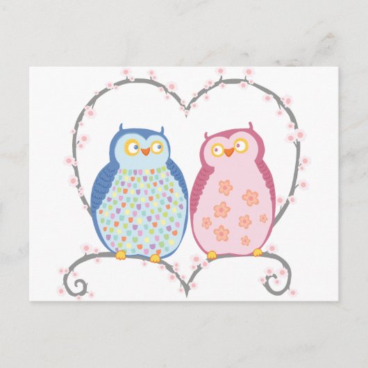 Leuke Uilen in Liefde Hart Roze Blauw Clipart Briefkaart (Voorkant)