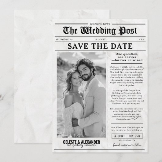 Leuke unieke krant Save the Date Fotobruiloft Kaart (Voorkant / Achterkant)