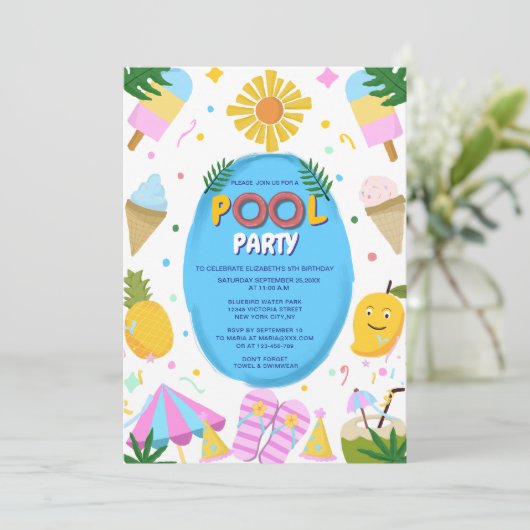 Leuke unieke zwembadfeest kind's verjaardag kaart (Staand voorkant)