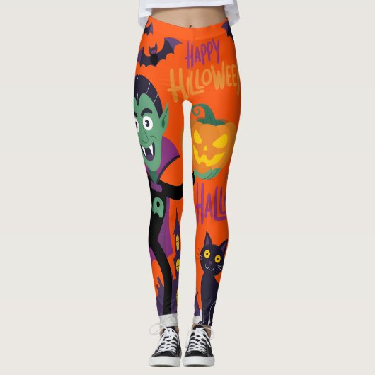 Leuke Vampier, Zwarte Kat & Pompoen Halloween Leggings (Voorkant)