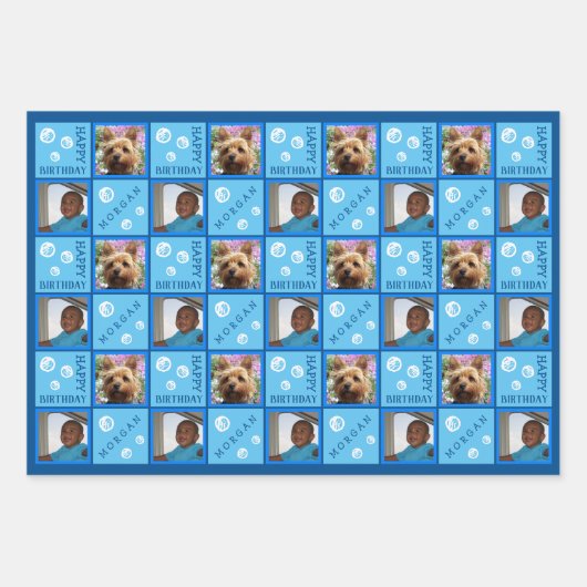 Leuke Verjaardag Blauw 3 Foto Willekeurige leeftij Inpakpapier Vel (Voorkant)