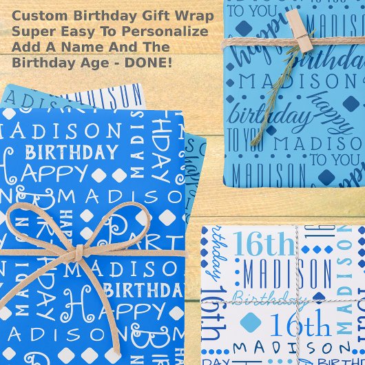 Leuke verjaardag blauw elke leeftijd toevoegen Chi Inpakpapier Vel