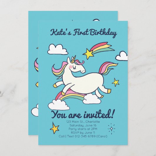 Leuke Verjaardag Doodle Rainbow Eenhoorn en Sterre Kaart (Voorkant / Achterkant)