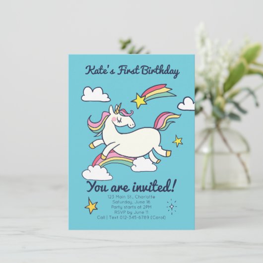 Leuke Verjaardag Doodle Rainbow Eenhoorn en Sterre Kaart (Staand voorkant)