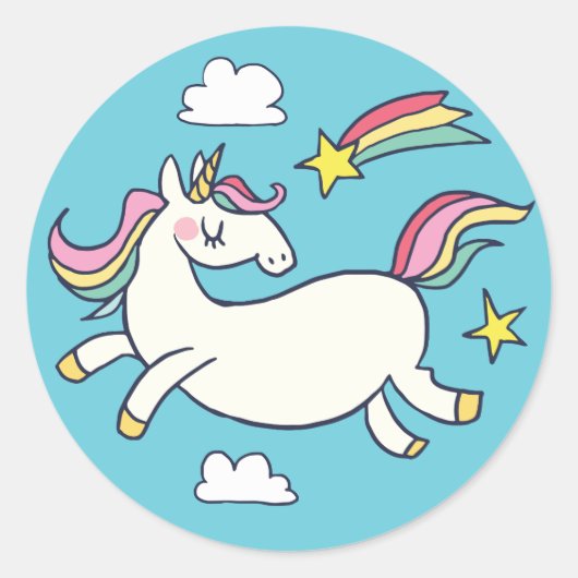 Leuke Verjaardag Doodle Rainbow Eenhoorn en Sterre Ronde Sticker (Voorkant)